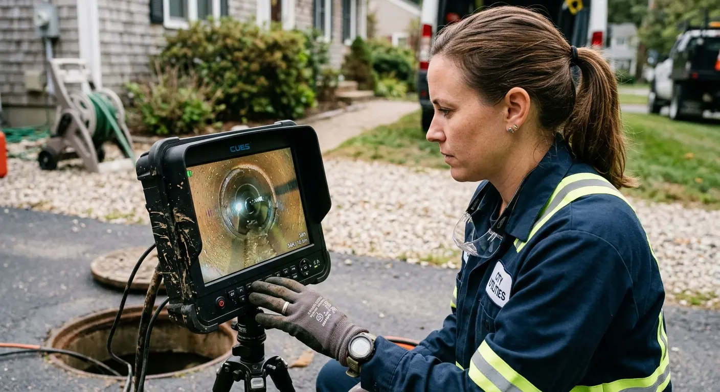 Technician reviewing sewer camera inspection footage in Montecito