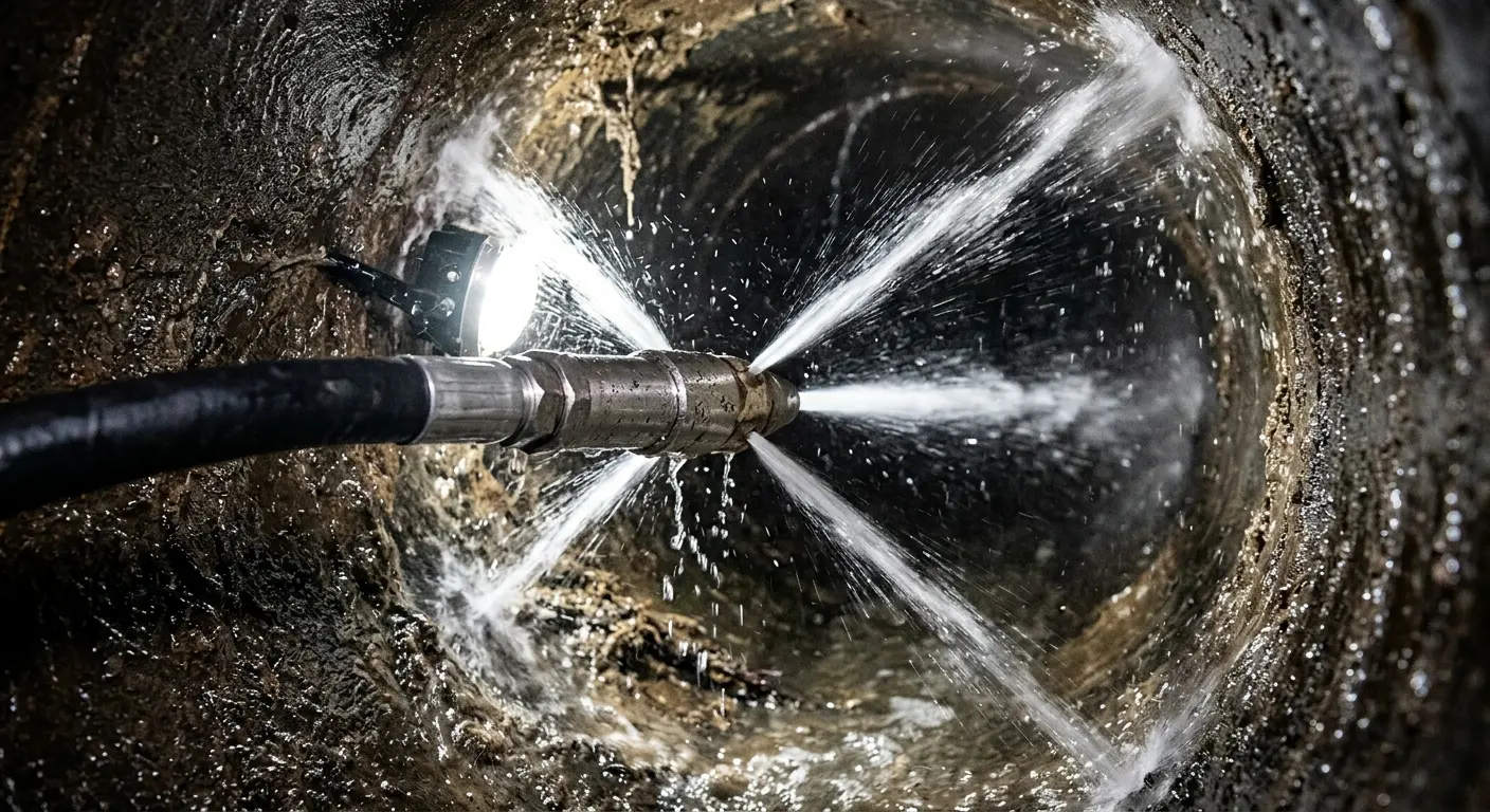 High-pressure hydro jetting nozzle cleaning sewer pipe for Trenchless Sewer Repair in Montecito