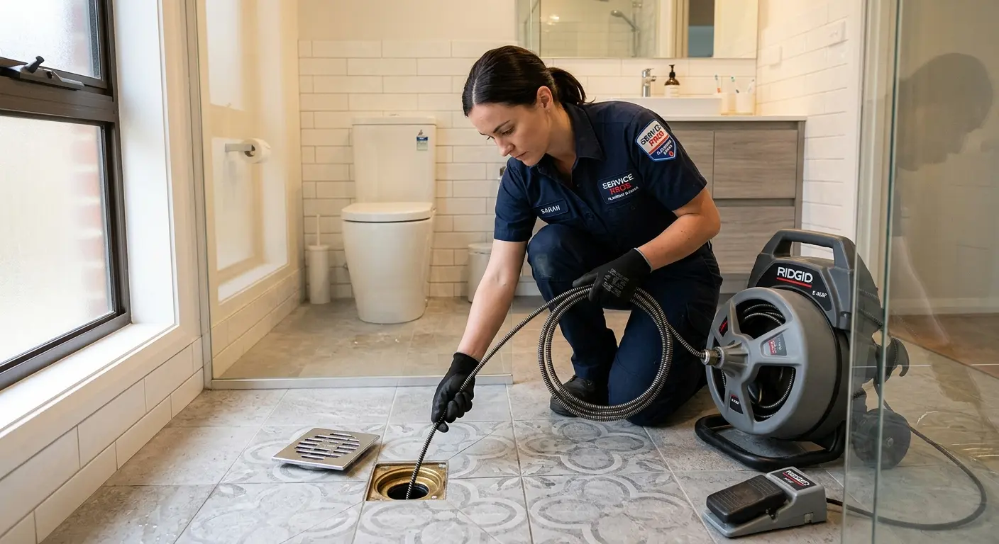 Technician clearing a bathroom floor drain for Sewer Line Installation in Montecito